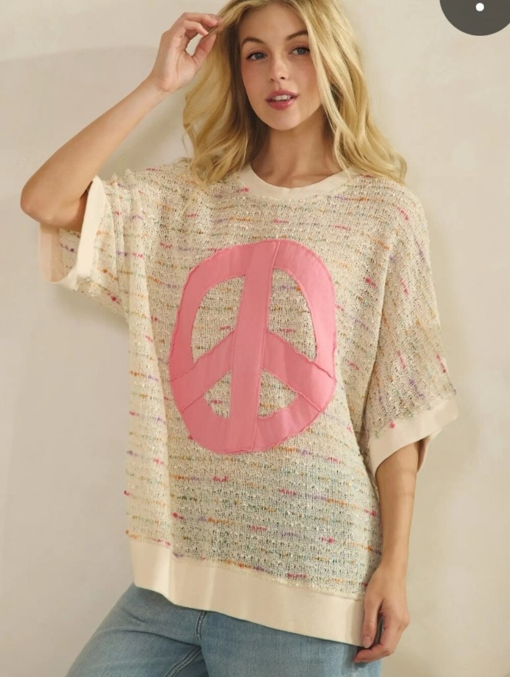 Sage + Fig Cream Knit Short-Sleeve Sweater with Pink Peace Emblem